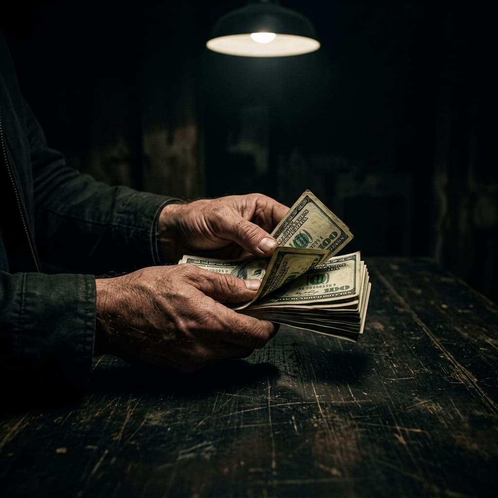 Mains comptant des billets dans l'obscurité — retraits en espèces secrets pour financer une double vie