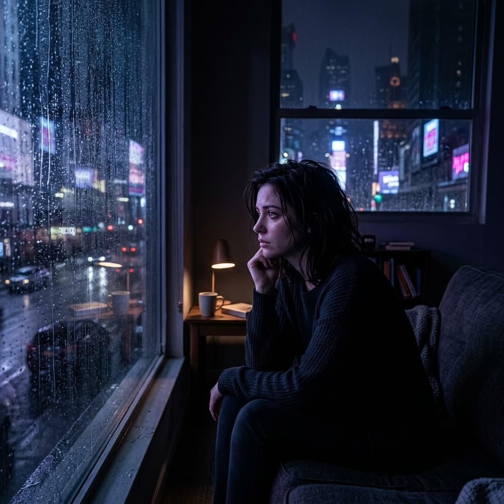 Femme seule la nuit regardant par une fenêtre sous la pluie — sentiment de doute et d'isolement
