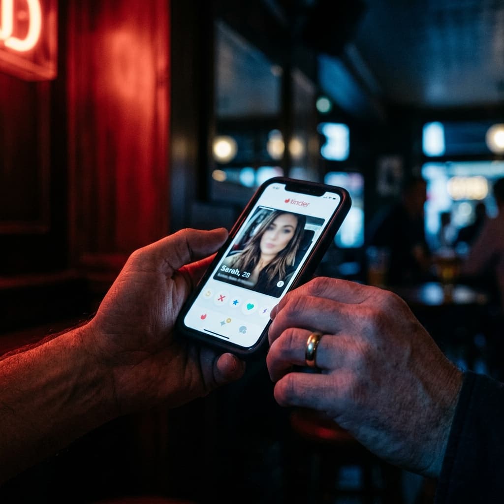 Main portant une alliance tenant un téléphone avec Tinder ouvert — infidélité numérique