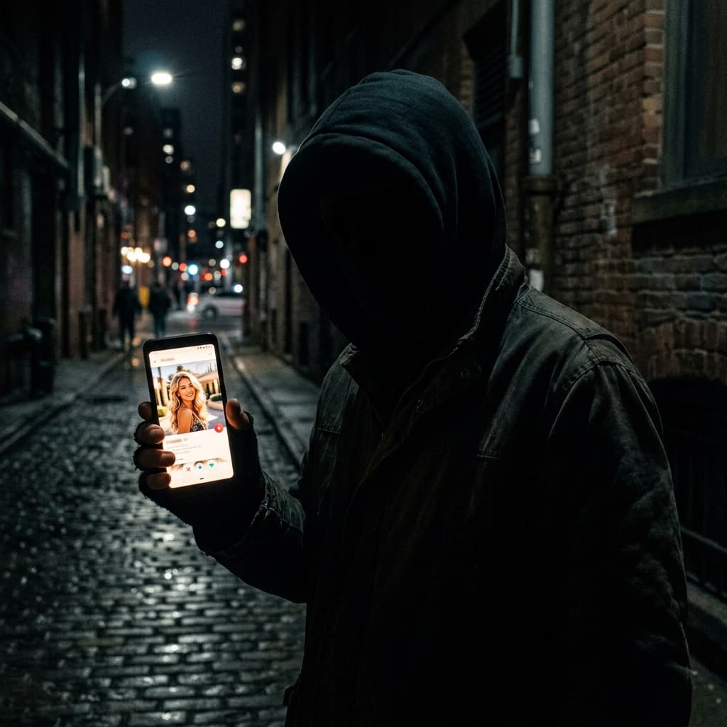 Silhouette encapuchonnée tenant un faux profil Tinder — catfish et arnaque