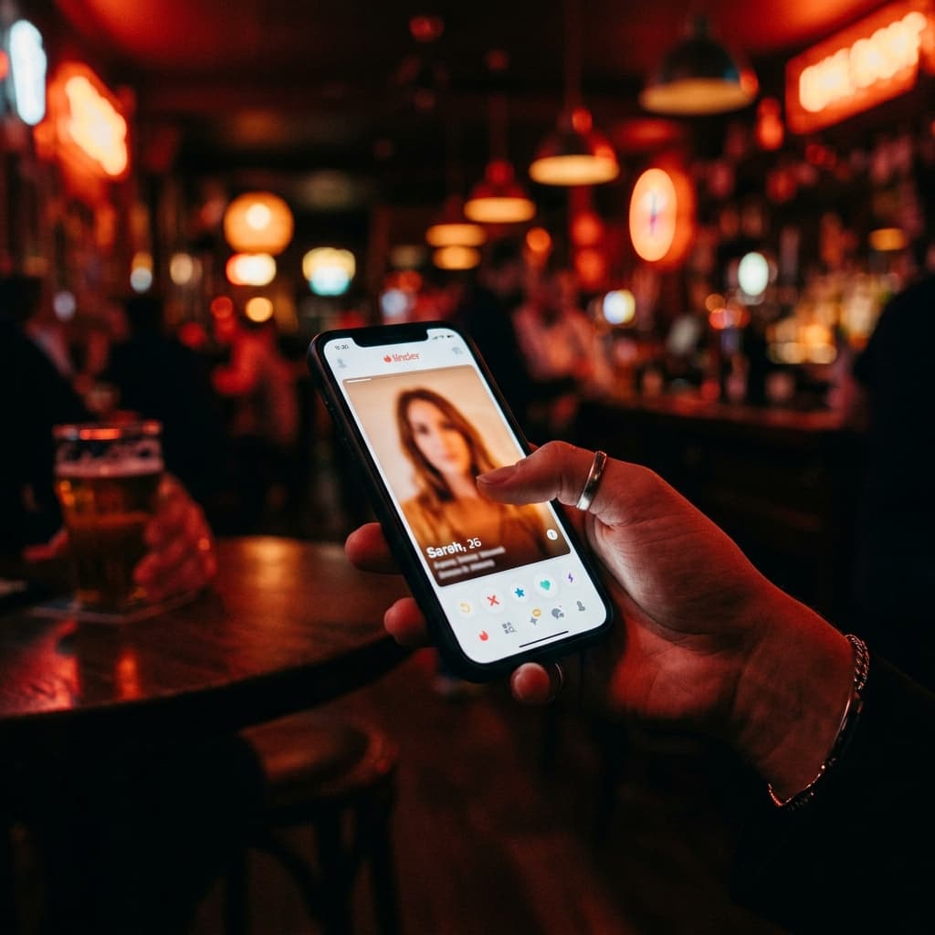 Main qui swipe sur Tinder dans un bar — guide complet Tinder 2026