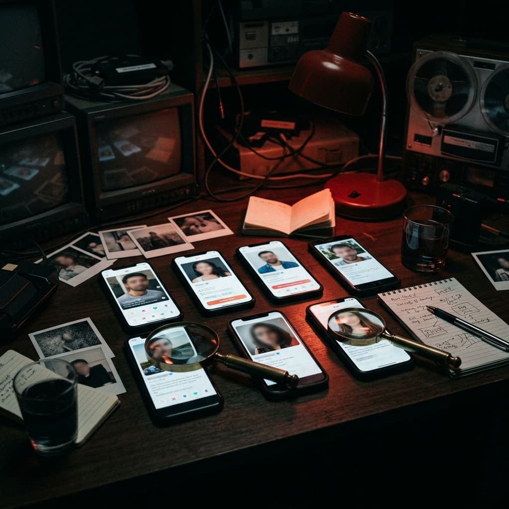 Bureau d'investigation avec téléphones et profils Tinder — scan OSINT automatisé